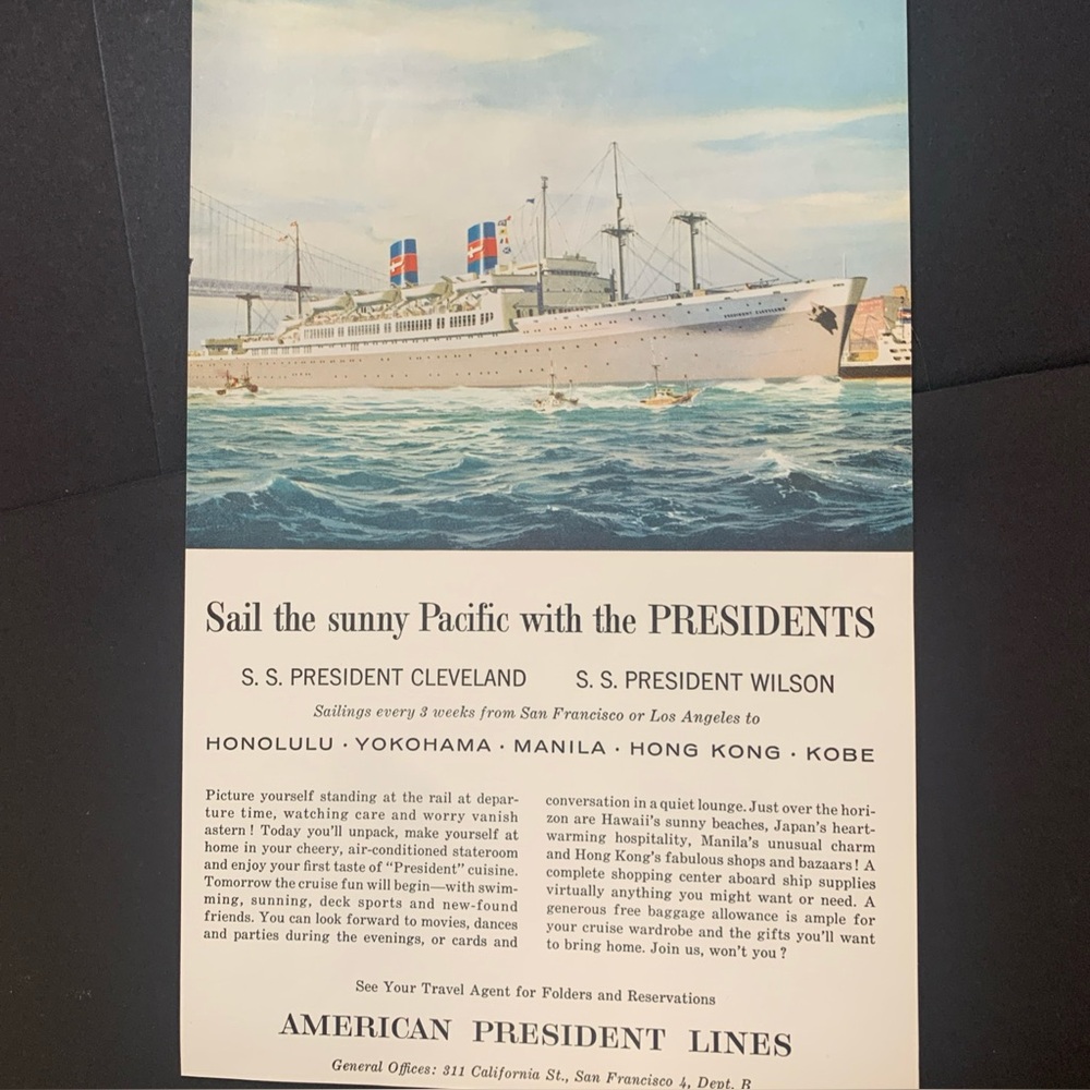 Vintage 1956 American Presidents Line Sail The Pacific Ad Advertisement